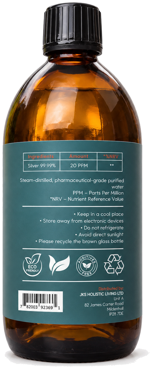 Ingredients table on the Silvaris Colloidal Silver bottle: silver 99.99%, 20 PPM