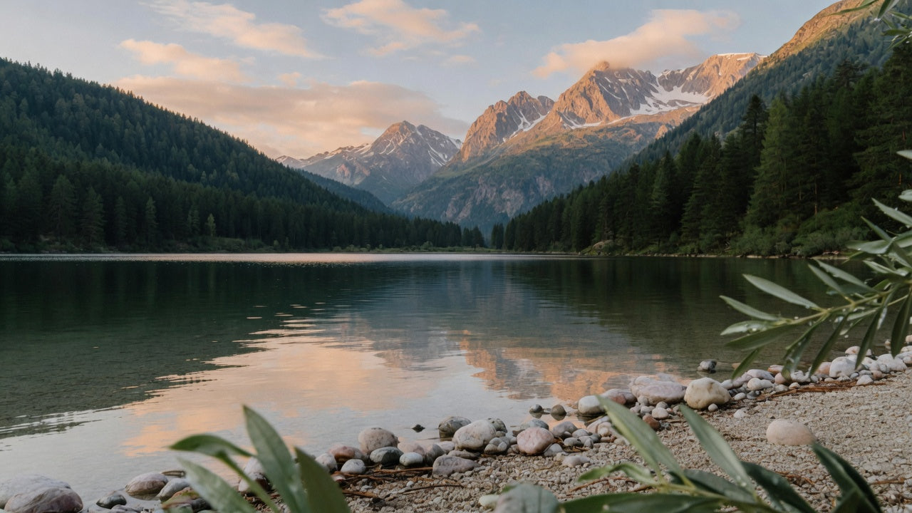A calm alpine lake and forested mountains in warm light