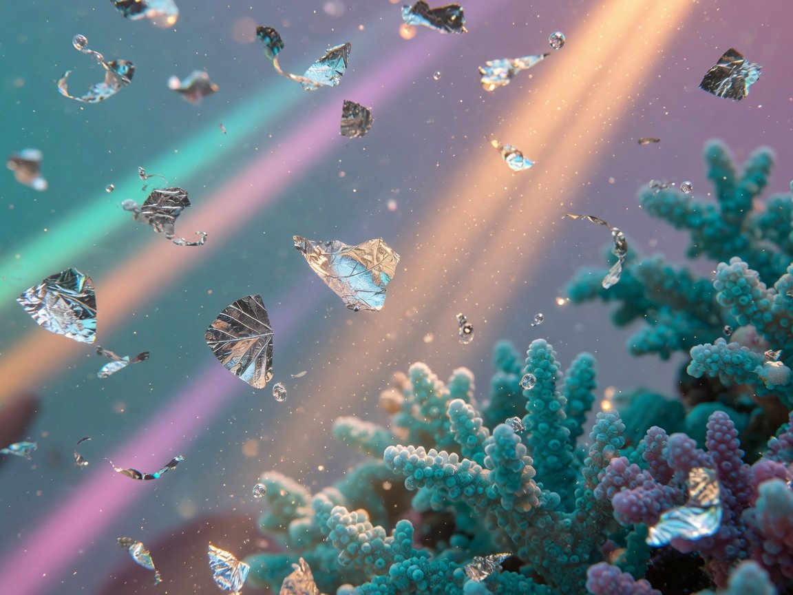 Silver leaf flakes in water